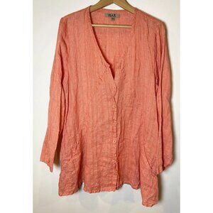 Flax Blouse Shirt Tunic Button Front Coral Pink Stripe Linen Size Medium M